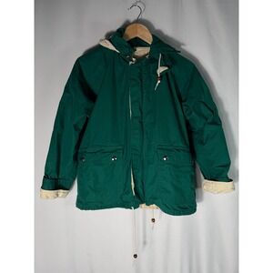 Vintage Green Hooded Anorak Jacket Cream Lined Drawstring Pockets Hood‎